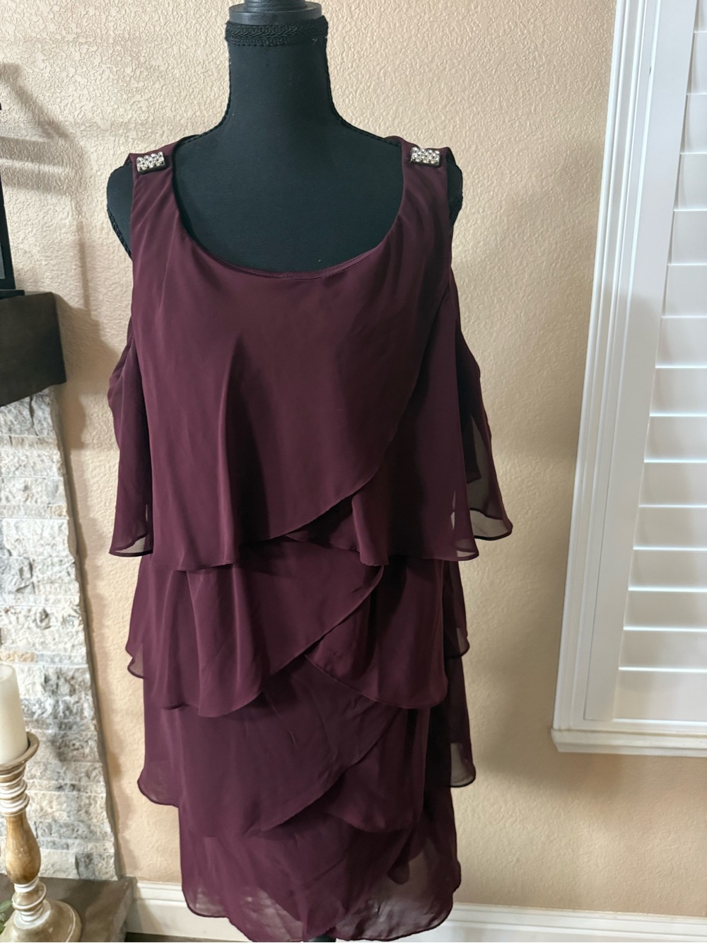 S.L. Fashions Wine Layered Chiffon Midi Dress with Jeweled Shoulders